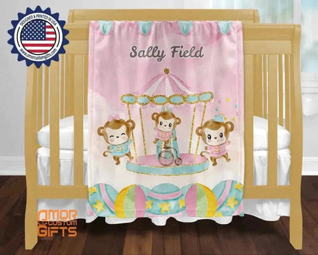 Blankets Personalized Baby Girl Monkey Farm Party At Park Blanket, Custom Name Blanket