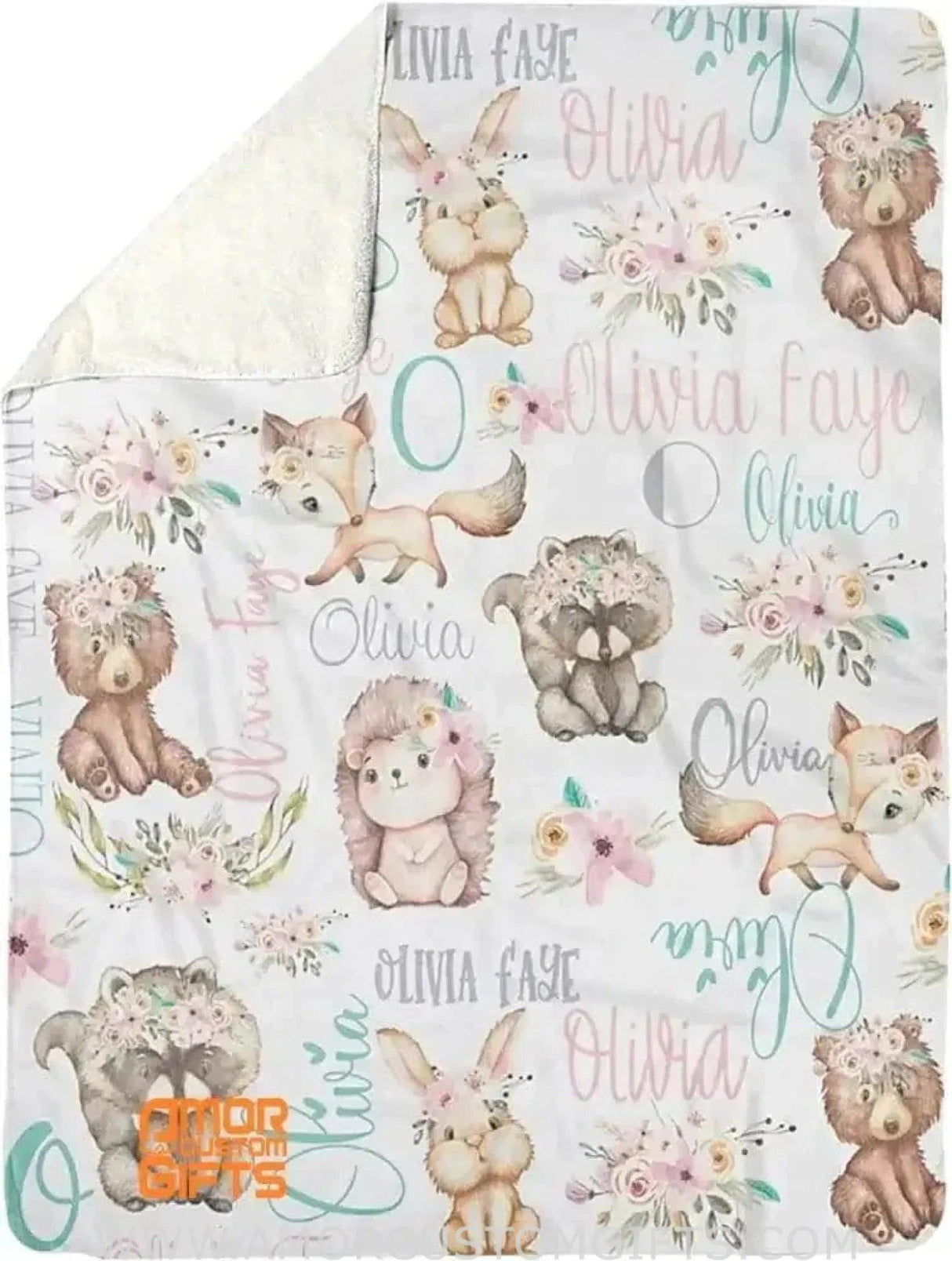 Blankets Personalized Baby Girl Woodland Animals Name Blanket, Pink Aqua Girl Woodland Baby Blanket, Custom Name Blanket