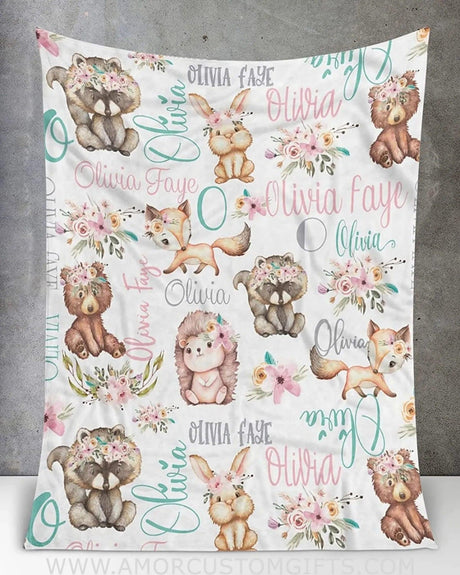 Blankets Personalized Baby Girl Woodland Animals Name Blanket, Pink Aqua Girl Woodland Baby Blanket, Custom Name Blanket