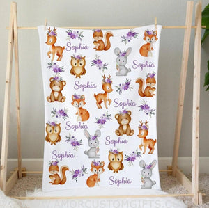 Blankets Personalized Baby Girl Woodland Animals Name Blanket, Purple Flower Girl Woodland Baby Blanket