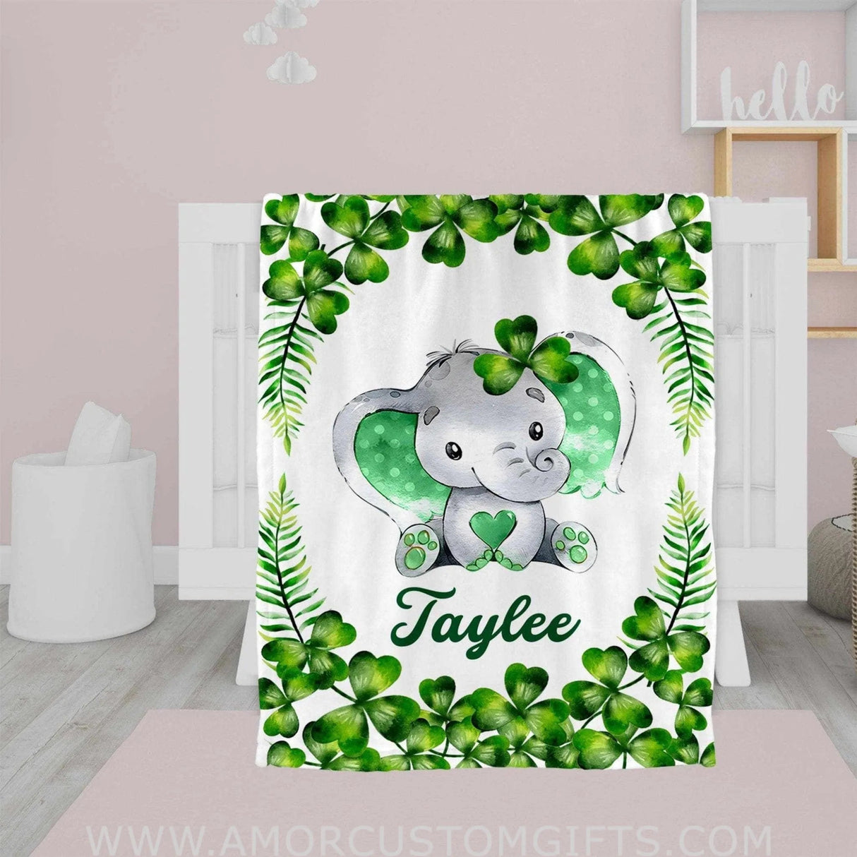 Blankets USA MADE Personalized Baby Green Lucky Clover Elephant Animals Name Blanket, Green Lucky Clover Elephant Baby Blanket, Custom Name Blanket