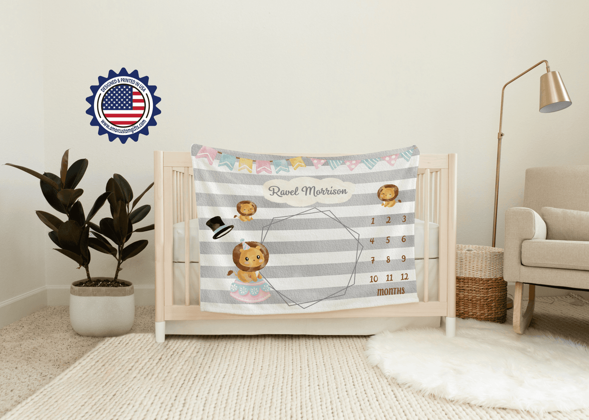 Blankets Personalized Baby Lion Farm Party Milestone Blanket, Custom Name Monthly Growth Tracker Baby Boy Photo Prop Gender Reveal Tapestry Nursery Theme