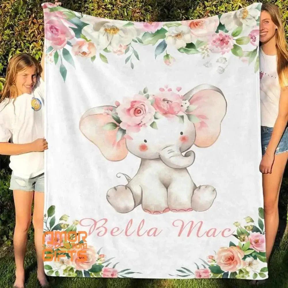 Blankets Personalized Baby Name Blanket, Pink Floral Elephant Blanket, Baby Girl Name Blanket, Floral Baby Name Blanket, Custom Name Baby Shower Gift