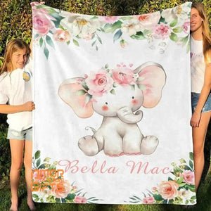 Blankets Personalized Baby Name Blanket, Pink Floral Elephant Blanket, Baby Girl Name Blanket, Floral Baby Name Blanket, Custom Name Baby Shower Gift