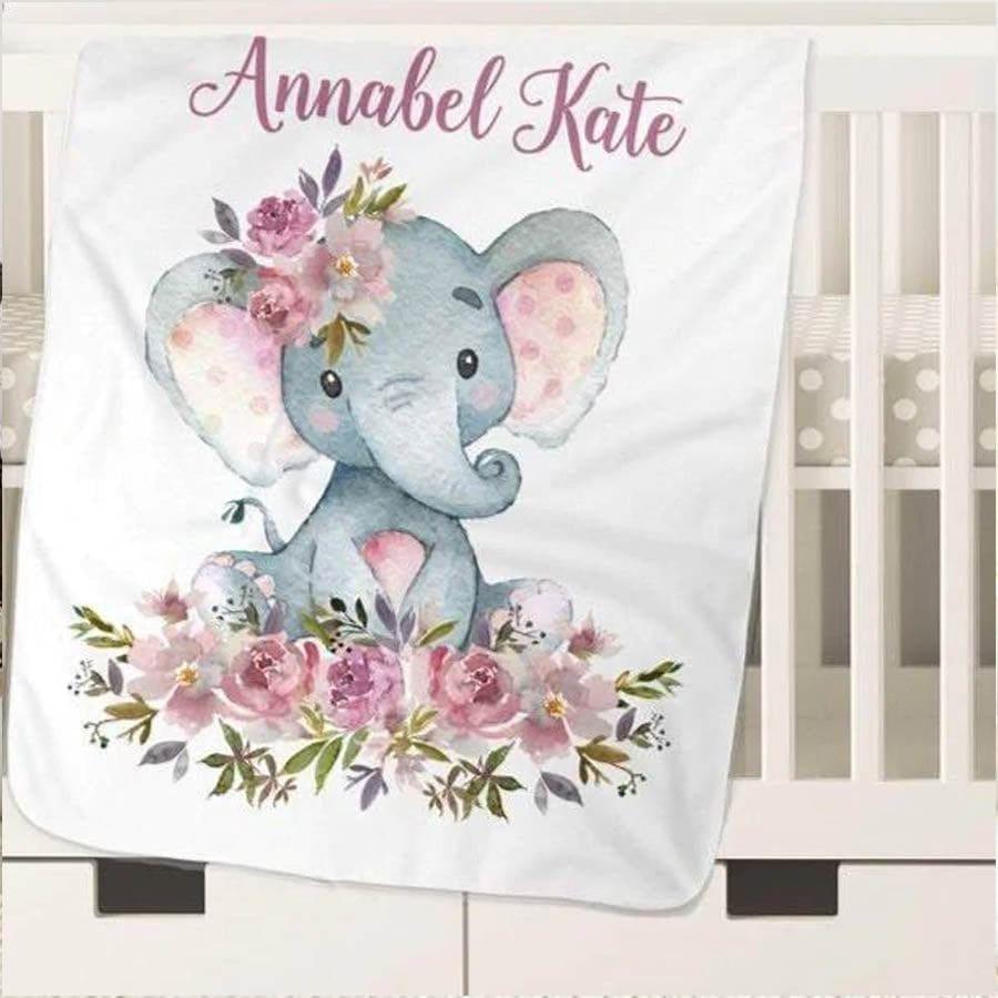 Blankets Personalized Baby Name Blanket, Pink Floral Elephant Blanket, Baby Girl Name Blanket, Floral Baby Name Blanket, Custom Name Baby Shower Gift