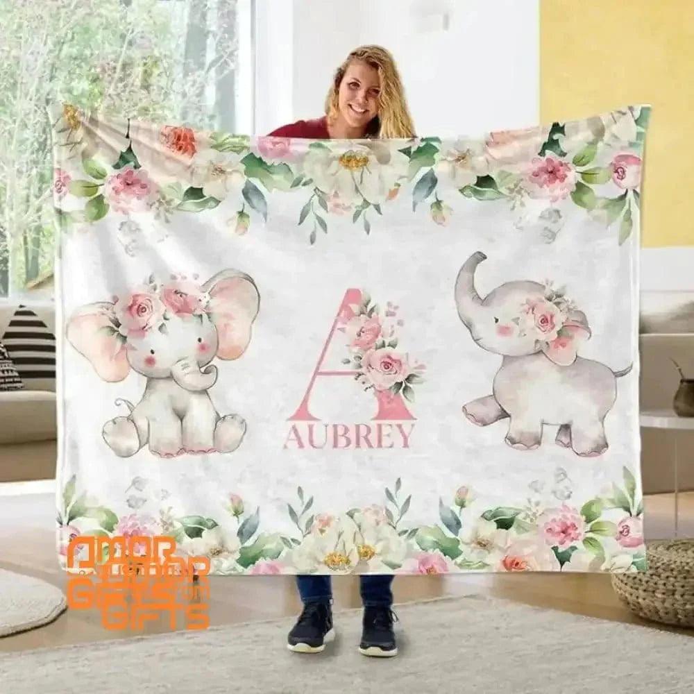 Blankets Personalized Baby Name Blanket, Pink Floral Elephant Blanket, Baby Girl Name Blanket, Floral Baby Name Blanket, Custom Name Baby Shower Gift