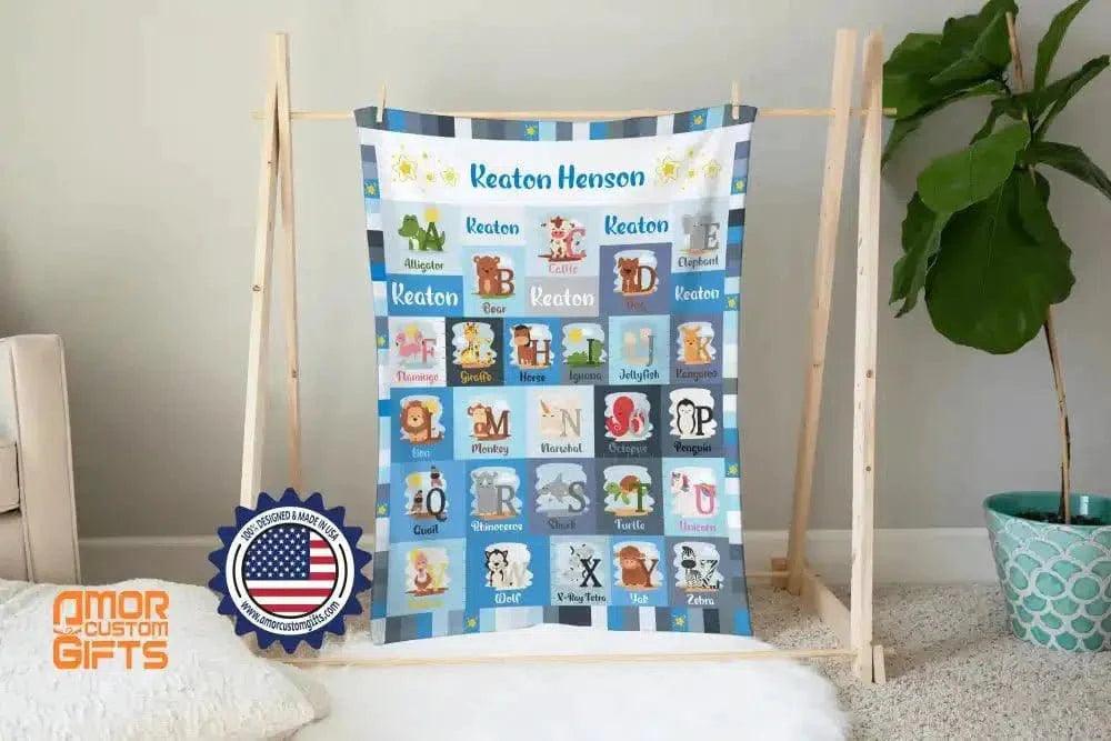 Blankets USA MADE Personalized Baby Toddler Girls Boys ABC Animals Blanket, Custom Name ABC Alphabet Gender Neutral Nursery Theme