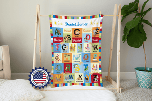 Blankets Personalized Baby Toddler Girls Boys ABC Animals Blanket, Custom Name ABC Alphabet Gender Neutral Nursery Theme