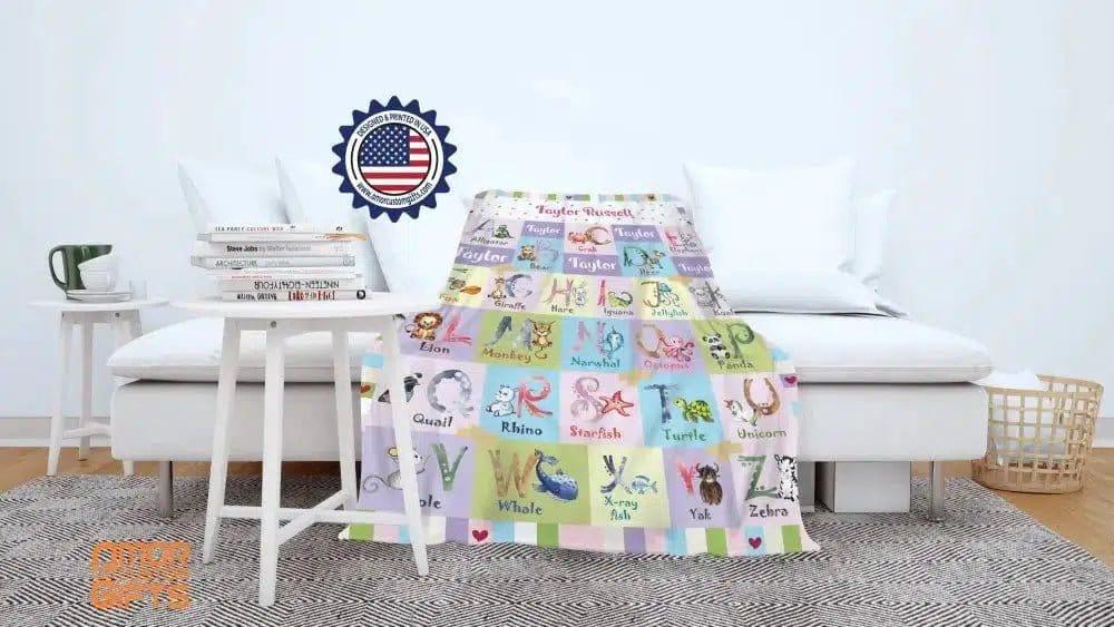 Blankets Personalized Baby Toddler Girls Boys ABC Animals Blanket, Custom Name ABC Alphabet Gender Neutral Nursery Theme