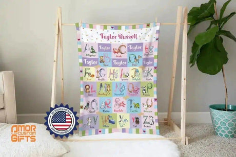 Blankets USA MADE Personalized Baby Toddler Girls Boys ABC Animals Blanket, Custom Name ABC Alphabet Gender Neutral Nursery Theme