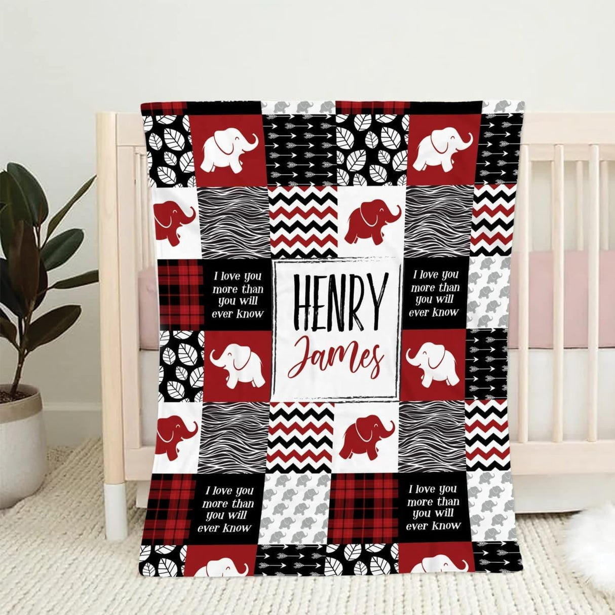 Blankets Personalized Blanket for Baby, Red Square Elephant Blanket Kids, Elephant Blanket Baby, Blanket with Elephants