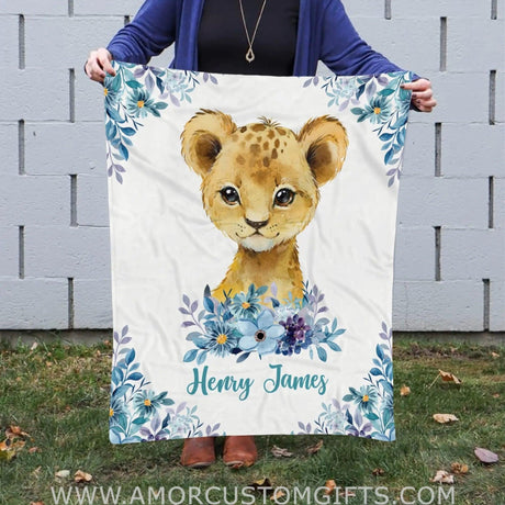 Blankets USA MADE Personalized Blue Flower Baby Lion Blanket,Lion Baby Blanket, Lion Lovey Blanket, Baby Boy Blanket, Safari Baby Blanket