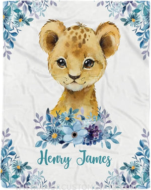 Blankets USA MADE Personalized Blue Flower Baby Lion Blanket,Lion Baby Blanket, Lion Lovey Blanket, Baby Boy Blanket, Safari Baby Blanket