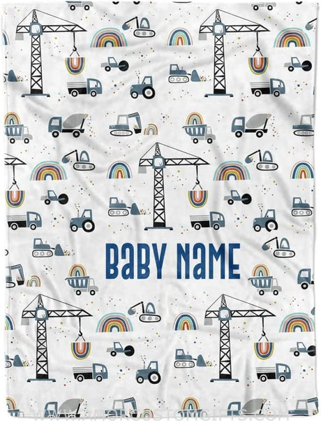 Blankets USA MADE Personalized Construction Baby Blanket for Boy, Cozy Plush Fleece Blanket, Includes Baby Onesie and BIB