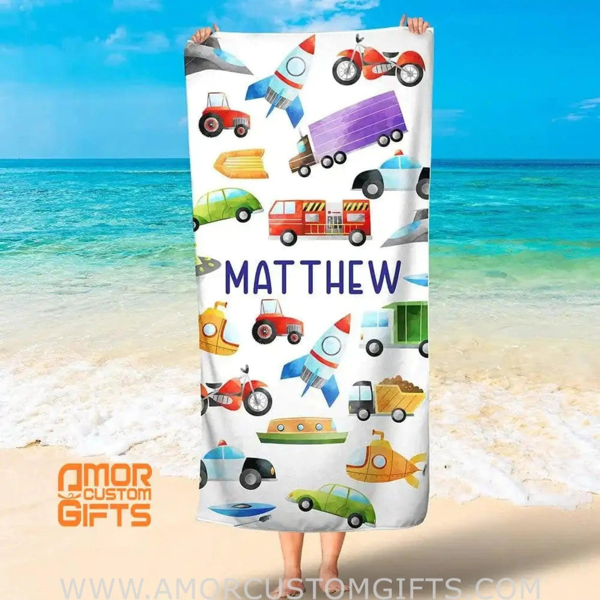 Towels USA MADE Personalized Construction Boys Beach Towel, Excavator, Toy Kid, Custom Name Truck Kid Bath Towel for Boys