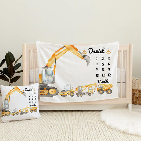 USA MADE Personalized Construction Milestone Blanket, Dump Truck Baby Boy Milestone Blanket, Crane Baby Age Blanket, Excavator Growth Tracker Blanket-Blankets-Amor Custom Gifts