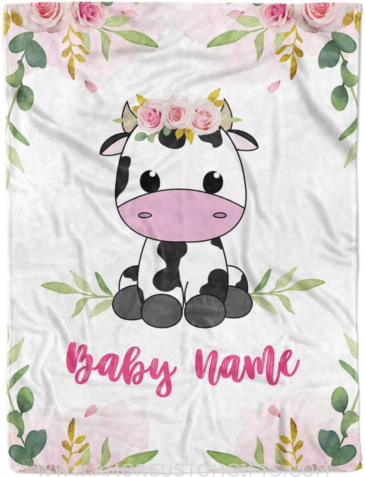 Blankets USA MADE Personalized Cow Floral Baby Blanket for Girl, Cozy Plush Fleece Blanket, Custom Baby Name, Bankets for Kid