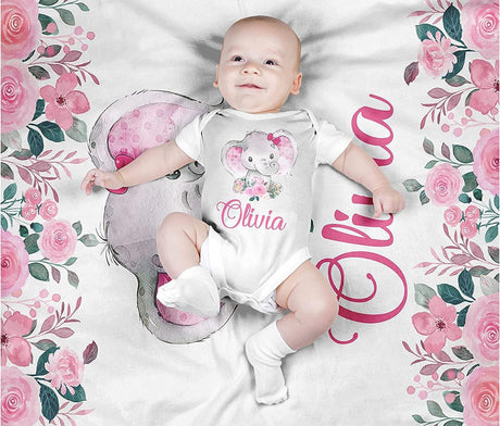 Blankets Personalized Cute Elephant Animal Floral Baby Name Blanket, Newborn Gifts for Baby Girl Daughter