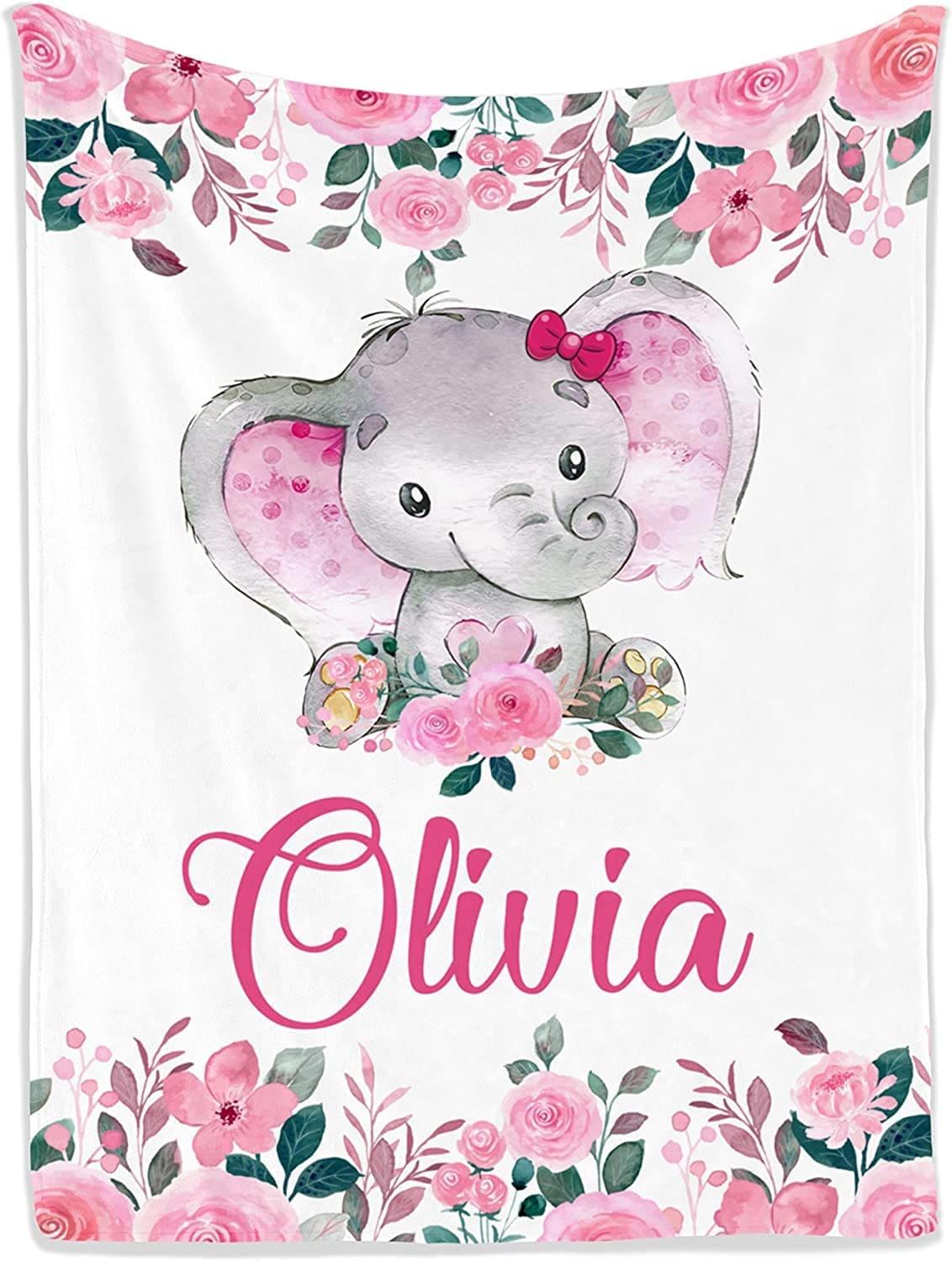 Blankets Personalized Cute Elephant Animal Floral Baby Name Blanket, Newborn Gifts for Baby Girl Daughter