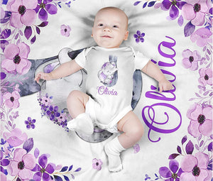 Blankets Personalized Cute Purple Elephant Animal Floral Baby Name Blanket, Newborn Gifts for Baby Girl Daughter New Kid