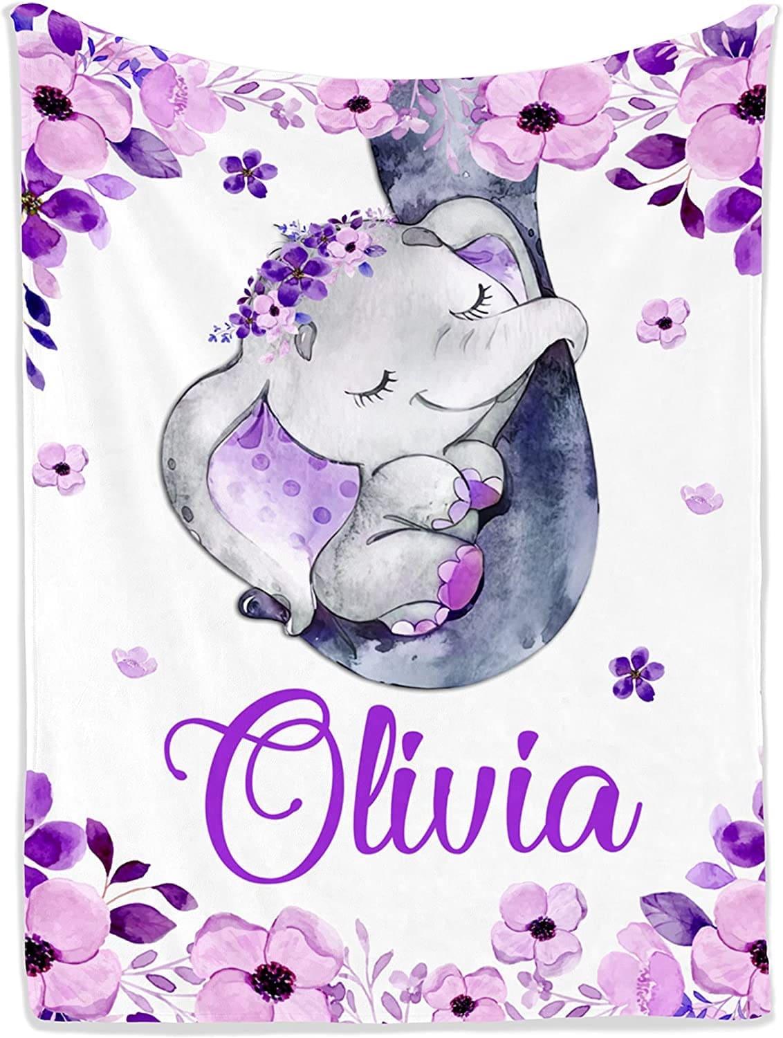 Blankets Personalized Cute Purple Elephant Animal Floral Baby Name Blanket, Newborn Gifts for Baby Girl Daughter New Kid