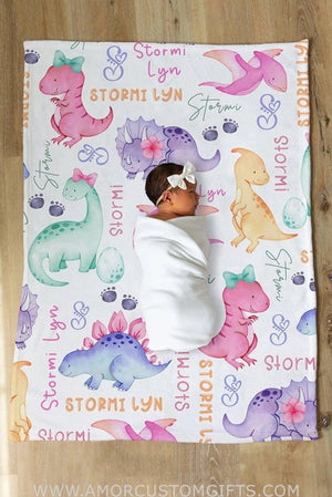 Blankets USA MADE Personalized Dinosaur Blanket, Girl Dinosaur Baby Blanket, Baby Name Blanket, Baby Girl Blanket, Baby Shower Gift