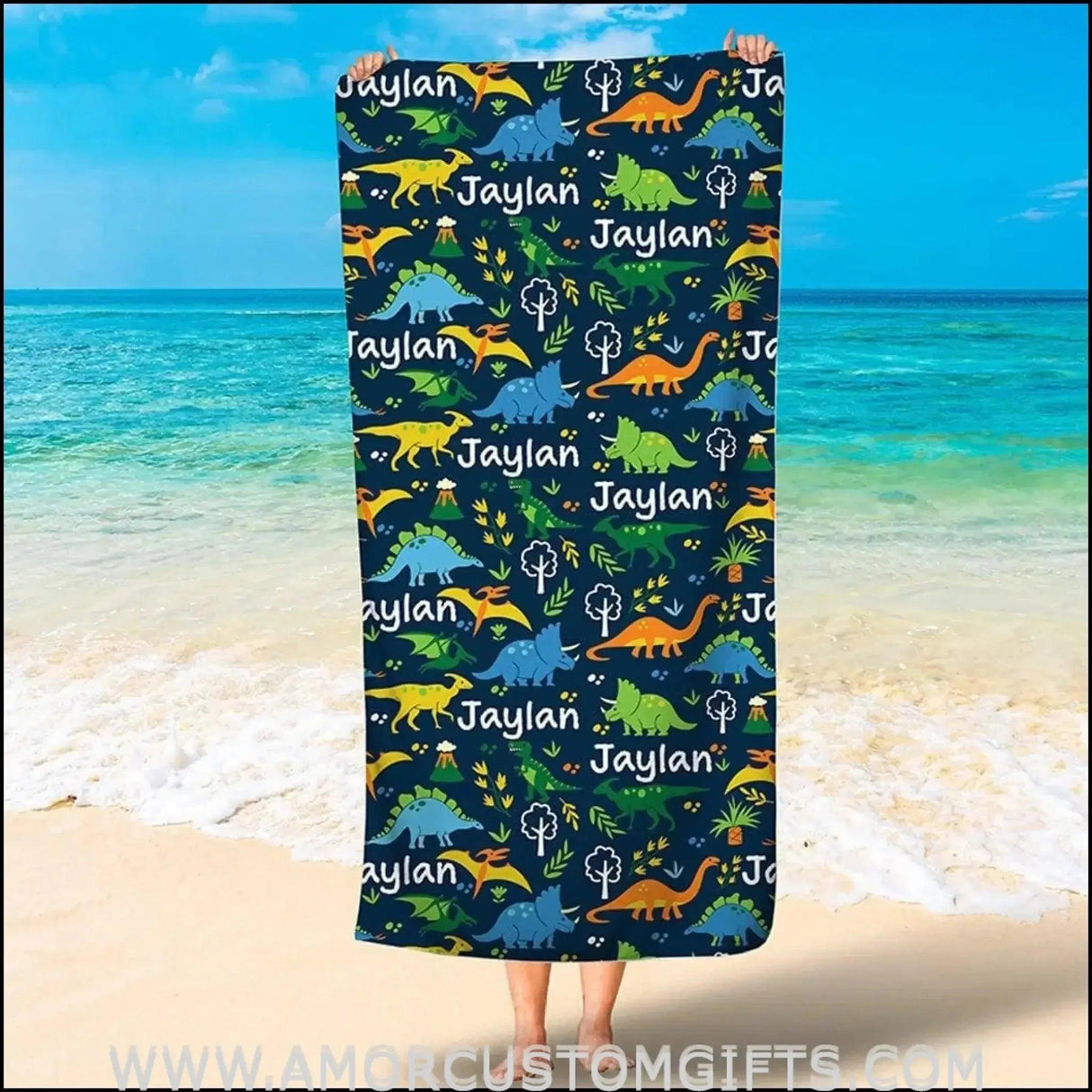 Towels USA MADE Personalized Dinosaur Cute Beach Towel, Custom Name Dinosaur Kid Towel, Gift for Boy and Girl