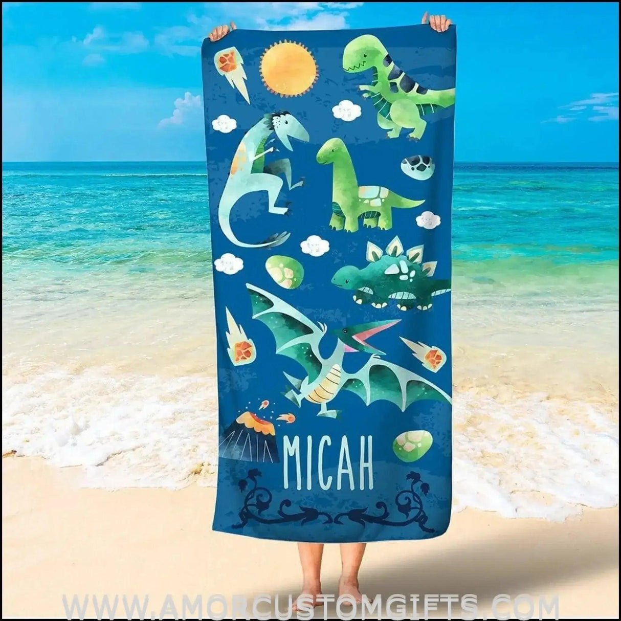 Towels USA MADE Personalized Dinosaur Cute Beach Towel, Custom Name Dinosaur Kid Towel, Gift for Boy and Girl