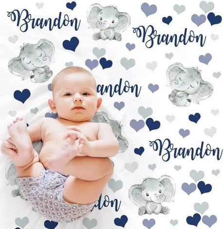 Blankets Personalized Elephant Baby Blanket | Custom Name Navy , Gray Hearts Elephant Baby Blanket, Elephant Baby Gift, Hearts, Baby Boy Elephant Blanket