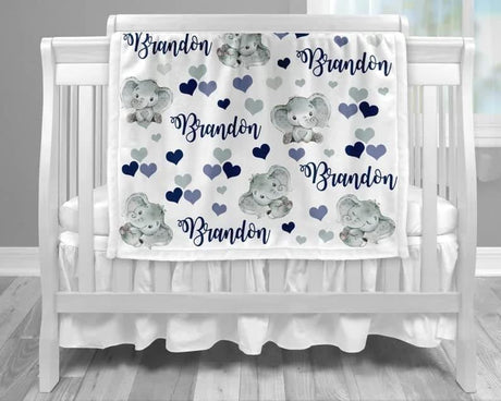 Blankets Personalized Elephant Baby Blanket | Custom Name Navy , Gray Hearts Elephant Baby Blanket, Elephant Baby Gift, Hearts, Baby Boy Elephant Blanket