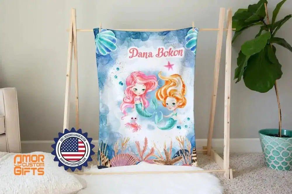 Blankets USA MADE Personalized Fairy Tale Ariel Mermaid Princess Blanket, Custom Name Princess Nursery Theme