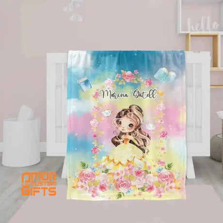 Blankets USA MADE Personalized Fairy Tale Belle Princess Blanket, Custom Name Princess Nursery Theme