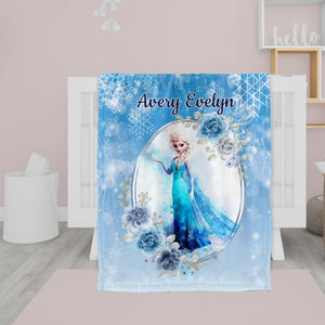 USA MADE Personalized Fairy Tale Elsa Frozen Princess | Custom Name Blanket Snow Queen Princess Nursery Theme-sale