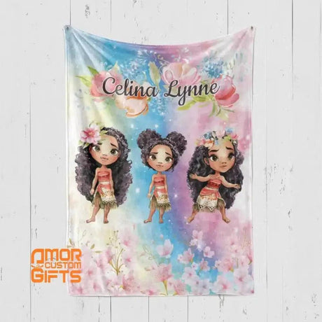 USA MADE Personalized Fairy Tale Moana Princess Blanket, Custom Name , Ethnic Princess Princess Nursery Theme-sale