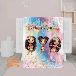 USA MADE Personalized Fairy Tale Moana Princess Blanket, Custom Name , Ethnic Princess Princess Nursery Theme-sale