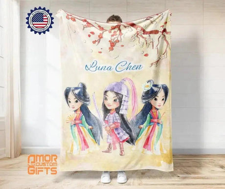 Blankets USA MADE Personalized Fairy Tale Mulan Princess Blanket, Custom Name , Asian Princess Princess Nursery Theme