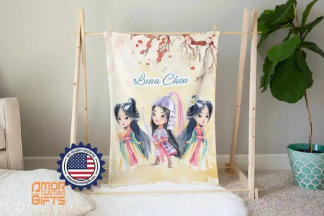 Blankets USA MADE Personalized Fairy Tale Mulan Princess Blanket, Custom Name , Asian Princess Princess Nursery Theme