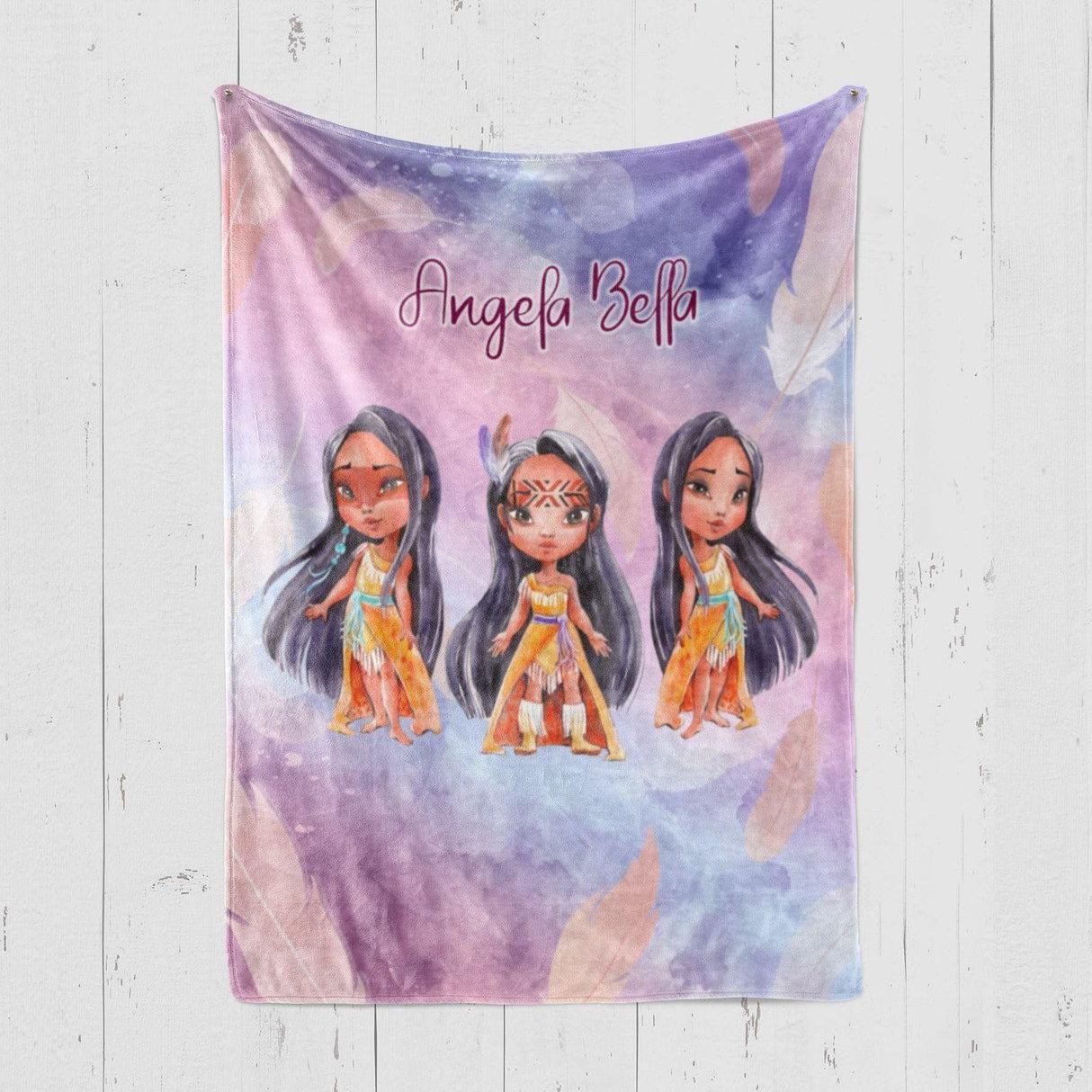 USA MADE Personalized Fairy Tale Pocahontas Princess, Custom Name Blanket, Native American Nursery Theme-sale