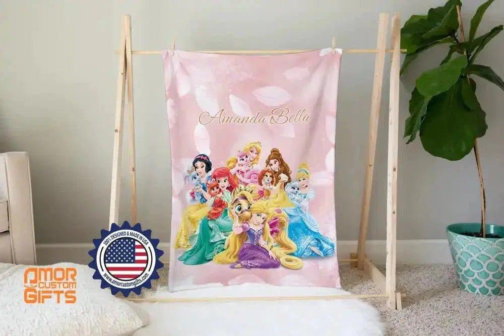 USA MADE Personalized Fairy Tale Princesses And Royal Pets Blanket - Elsa Frozen Belle Tiana...Custom Name Blanket-sale