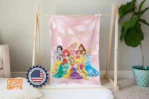 USA MADE Personalized Fairy Tale Princesses And Royal Pets Blanket - Elsa Frozen Belle Tiana...Custom Name Blanket-sale