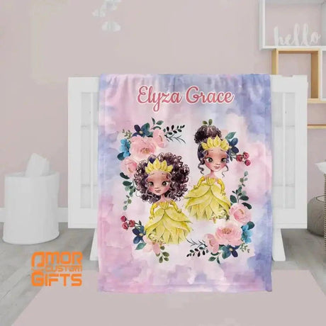 Blankets USA MADE Personalized Fairy Tale Tiana Princess Blanket, Custom Name , African American Princess Nursery Theme