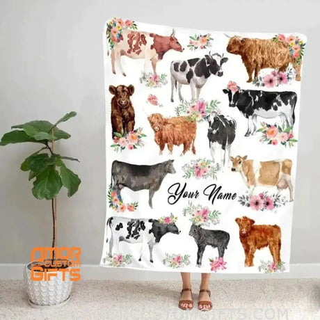 Blankets Personalized Farm Animal Cow Baby Blanket | Custom Name Ox Baby Nursery Bedding, Shower Gift