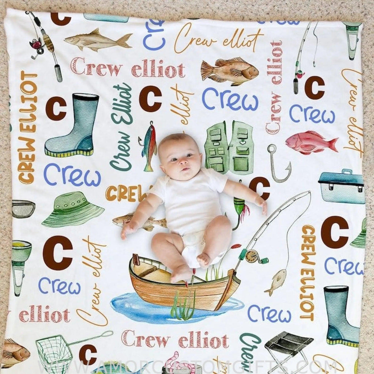 Blankets Personalized Fishing Baby Blanket, Personalized Baby Shower, Personalized Name Pattern Blanket, Fishing Baby Gifts