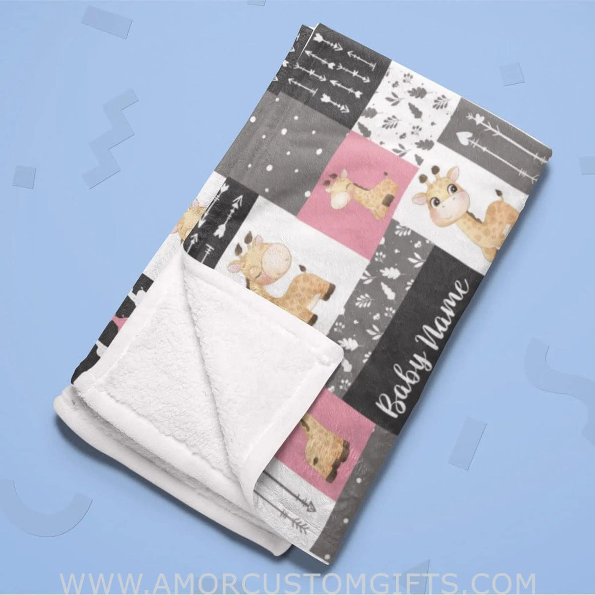 Blankets USA MADE Personalized Giraffe Woodland Baby Blanket | Custom Name Giraffe Pink Gray Kids Blanket Woodland Nursery Theme