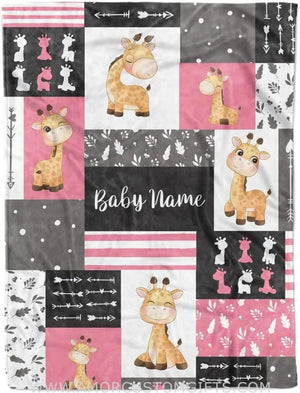 Blankets USA MADE Personalized Giraffe Woodland Baby Blanket | Custom Name Giraffe Pink Gray Kids Blanket Woodland Nursery Theme