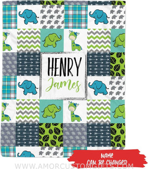 Blankets USA MADE Personalized Green Square Safari Baby Blanket, Jungle Animal Baby Blanket, Jungle Blanket Baby