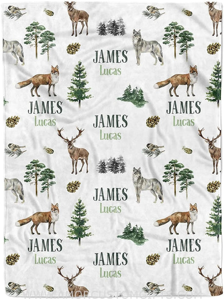 Blankets Personalized Green Woodland Baby Blanket | Custom Name Wolf Kids Blanket Woodland Nursery Theme