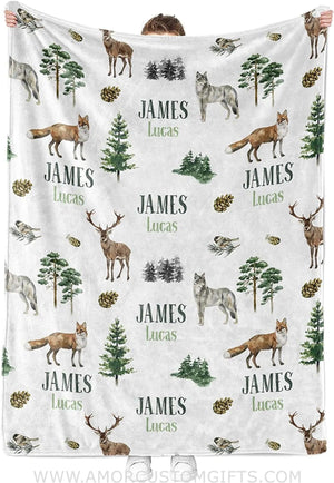 Blankets Personalized Green Woodland Baby Blanket | Custom Name Wolf Kids Blanket Woodland Nursery Theme