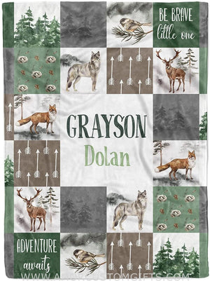 Blankets Personalized Green Woodland Baby Blanket | Custom Name Wolf Patchwork Kids Blanket Woodland Nursery Theme