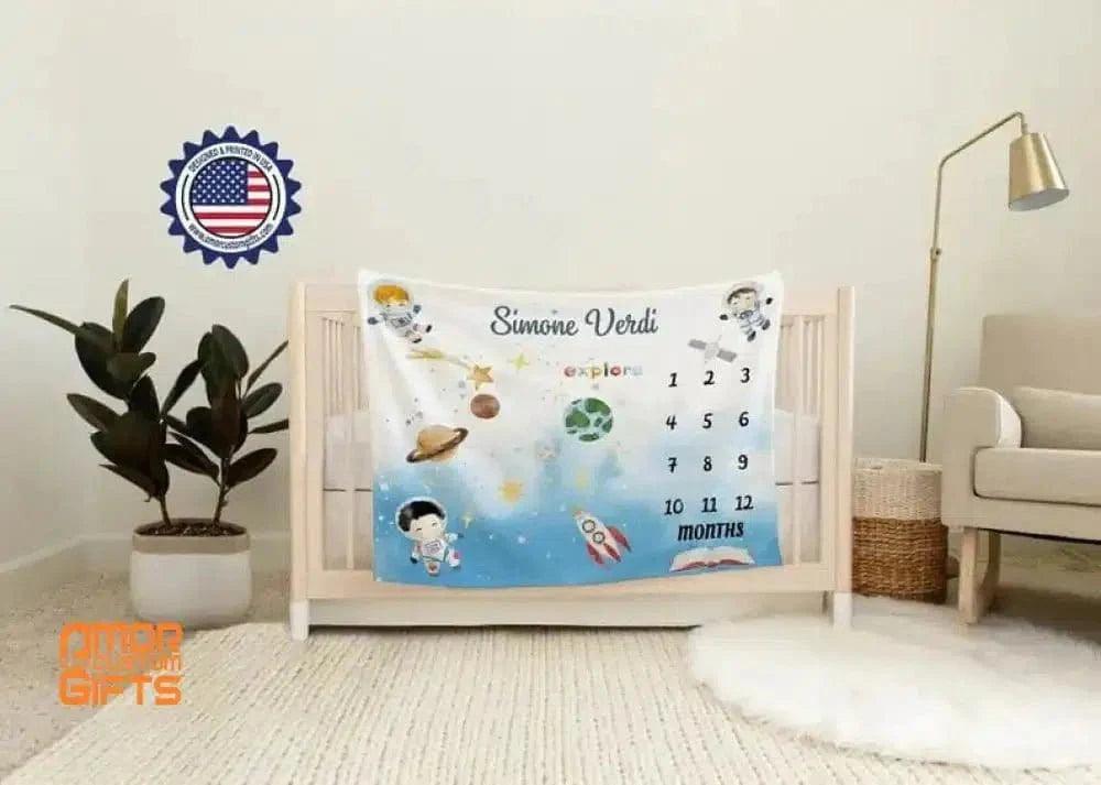 Blankets Personalized Little Astronaut Milestone Blanket, Custom Name Monthly Growth Tracker Baby Boy Photo Prop Gender Reveal Tapestry Nursery Theme